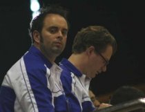 Premier Marching Product Specialist Sven Parris and Rosemont Cavaliers Percussion Caption Head Jim Ancona adjudicate during GPMB XXIII finals competition